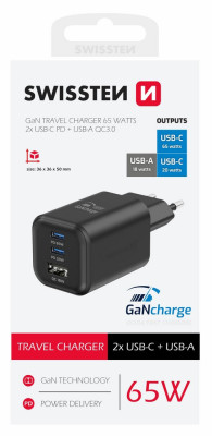 SWISSTEN GaN nab. 2x USB-C 65W 1x USB-A 18W černá
