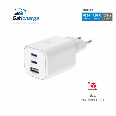 SWISSTEN GaN nabíječka 2xUSB-C 65W+USB-A 30W white