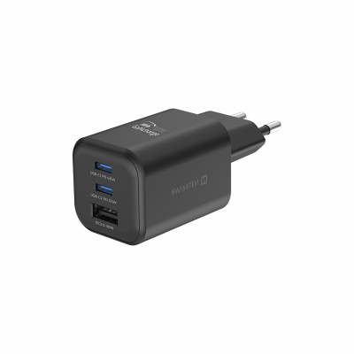 SWISSTEN GaN nabíječka 2xUSB-C 65W+USB-A 30W černá