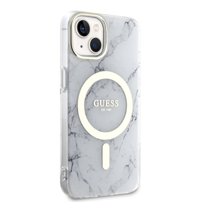 Guess IML Marble MagSafe kryt iPhone 13, White