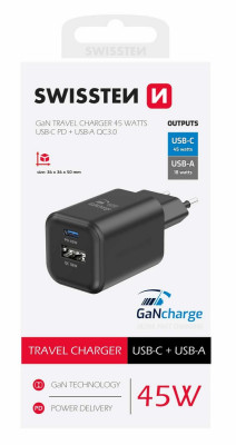 SWISSTEN GaN nabíječka USB-C 45W + USB-A 18W černá