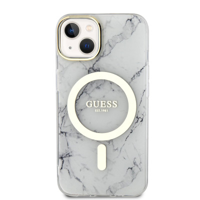 Guess IML Marble MagSafe kryt iPhone 13, White