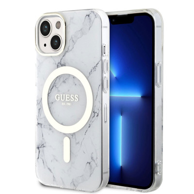 Guess IML Marble MagSafe kryt iPhone 13, White
