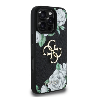 Guess PU Grained Roses 4G Logo iPhone 16 Pro,Black