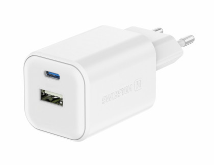 SWISSTEN GaN nabíječka USB-C 45W + USB-A 18W bílá