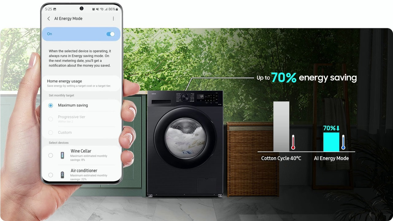 Chytrá pračka Samsung s WW90CGC04DABLE AI, chytré funkce